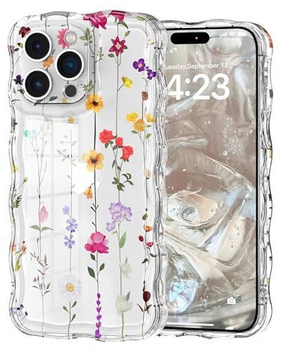 Micoden Cute Curly Wave Case for iPhone 14 Pro Max,Clear with Anti-Yellowing Flower Floral,Soft TPU Slim Bumper Shockproof Anti-Scratch Protective Wavy Cover for Girls Women-Yellow