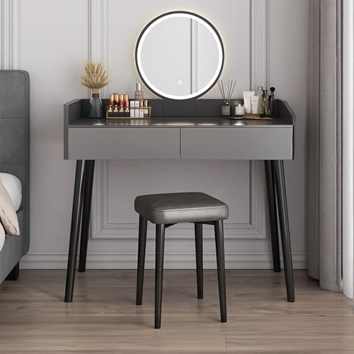 SENXELLWN Schlafzimmer-Schminktisch mit 2 Schubladen, LED-Licht, Hocker, kleines Schubladenregal (grau) (80 x 40 x 116 cm)