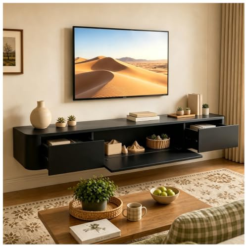 KSYGINXD TV Schrank Hängend 180CM Grau, TV Lowboard mit 2 Schubladen & 1 Klappen Türen, Moderner Fernsehtisch mit Kabelmanagement, TV Tisch für Wohnzimmer und Esszimmer