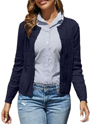Dosieyeo Damen Strickjacke Elegant Langarm Cardigan mit Zopfmuster Kuschelig Rundhals Strickweste mit Knöpfen für Herbst
