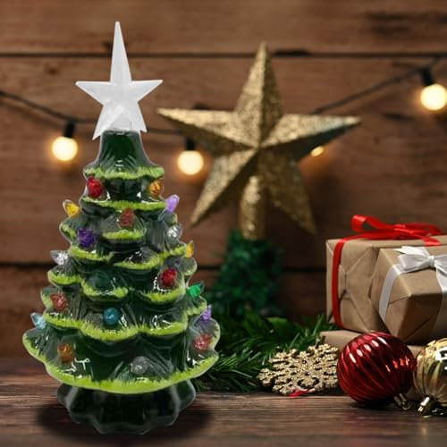 Hand Painted Vintage Christmas Tree Night Light with Topper & Multicolor Lights - Table Decoration Gift for Home Office (Green)