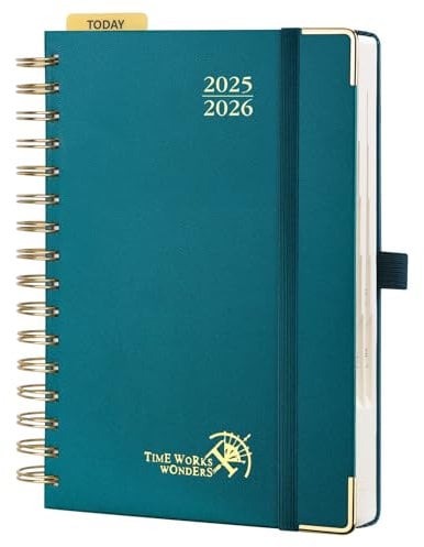 POPRUN Tagesplaner 2025 2026 Ringbuch mit Hardcover 21,5 x 14,5 cm, Tageskalender A5 1 Tag 1 Seite (Montag - Sonntag), Terminplaner (Aug.2025-Jul.2026) mit Plastiklineal - Pazifikgrün