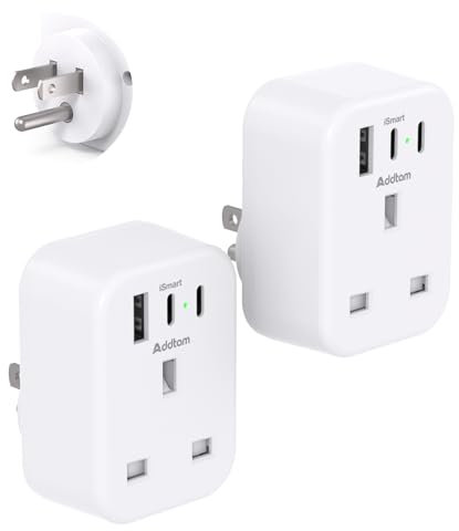 [2 Pack] UK to US Plug Adaptor, USA Travel Adapter with 1 USB & 2 USB C Ports for American, Canada, Mexico, Colombia Grounded Charger, 4 in 1 Plug Adapter from UK to USA for Phone, Computer (Type B)