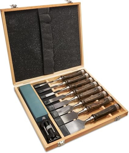 Set Scalpelli Per Legno, Set Di 8 Scalpelli Con Custodia In Legno, Scalpello A Mano Per Intaglio Del Legno, Con Mola e Guida Per Molatura, Set Di Scalpelli Per Noce Nera Per La Lavorazione Del Legno