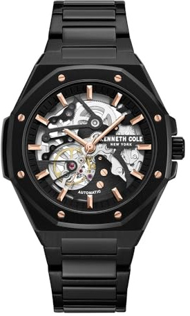 Kenneth Cole Herren Armbanduhr - Luxus Uhr für Männer Edelstahl Uhr Automatisch Selbstaufzug Wasserdicht Echtes Lederband Schlankes Design Vert Brush Finish Skelett Zifferblatt Uhr