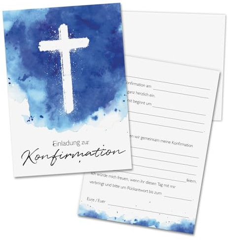 younikat Einladungskarten Konfirmation I 15x DIN A6 zum Ausfüllen mit Lückentext I inkl. Umschlägen I Postkarte Blaue Fische Kreuz I dv1563