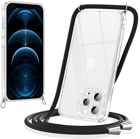 Coiwxmoi Coque pour iPhone 12 Pro Max avec Cordon 6,7, Collier Réglable Téléphone Étui de Protection Ultra Mince Transparente Silicone TPU Antichoc Anti-Rayures Bumper Lanyard Case, Noir