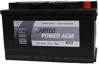 CARTEC Autobatterie POWER AGM 80 AH / 800 A KSN A03, Starterbatterie mit langer Lebensdauer, auslaufsicher, geeignet für alle Fahrzeuge, besonders für Start-Stopp-Systeme, schwarz