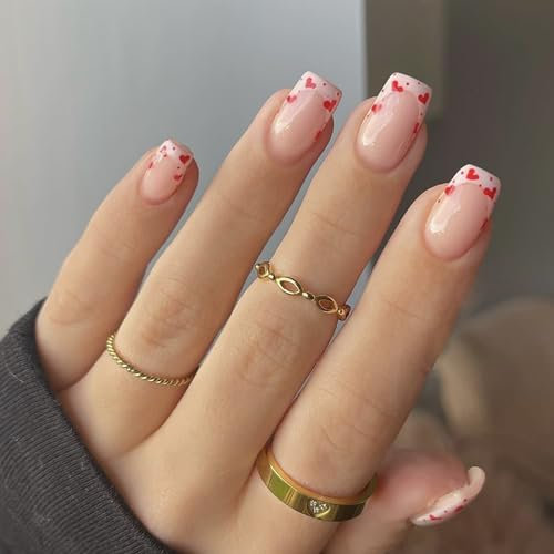 YANZEFEI Valentine French Fake Nails, 24pcs Glossy Pink Heart Square Stick on Nails, Medium Long-Acrylic Nails, Reusable, DIY Manicure Set