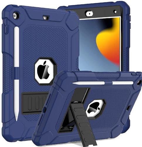 TOPWANT Case for iPad 9th 8th 7th Generation (10.2 inch, 2021/2020/2019), Shockproof Protective iPad 10.2 Case with Built-in Stand/Pencil Holder, Navy Blue+Black