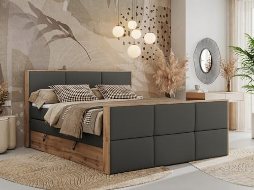 MKS MEBLE Boxspringbett 200x200 Albero 2 King Duo – Bett mit Bettkasten, Kopfteil & Fußteil – 2 Matratzenebenen (7-Zonen Multipocket + Pocket) – Matratze H4 – Topper T25 – Dunkelgrau Kunstleder