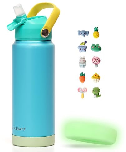 pluseight Edelstahl Trinkflasche, 750 ml Auslaufsichere Edelstahl Flasche mit Fluoreszierendem Untersetzer, Kinder, Frauen, Männer | Auslaufsicher & Schweißfest mit Anti-Staub Deckel (Blau)