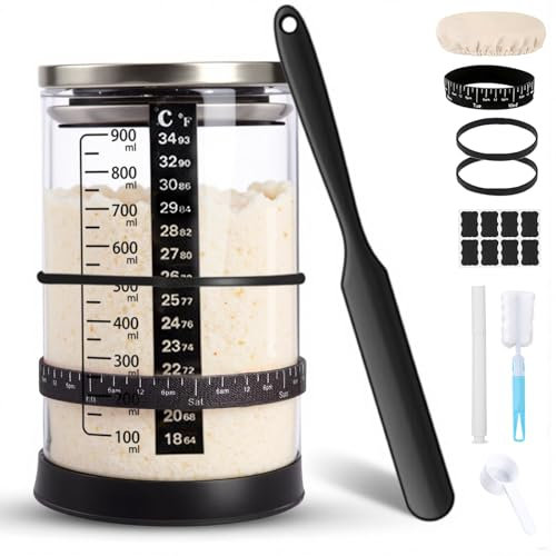 Tel Charme * Sauerteig Starter Jar Kit 1000ml Gärglas mit Spatel, Fermentierglas, Sauerteig Glas Jar, Sourdough Starter Kit, Anstellgut Glas Behälter, Reusable Brot Backen Zubehör