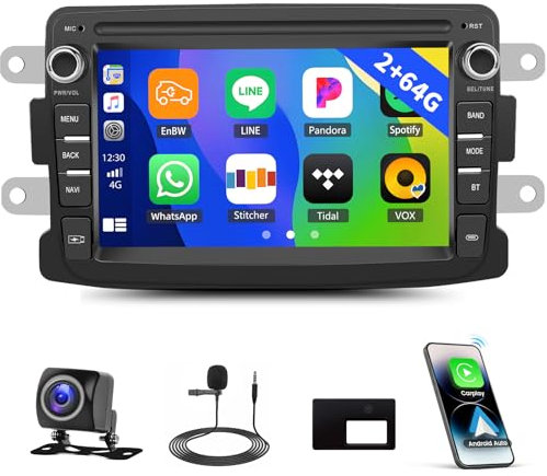 2G+64G GOHHDL Android Autoradio für Renault Dacia Logan Duster Sandero Lodgy Capture Symbol Lada Xray mit Navi Carplay Android Auto, 7 Zoll Auto Bildschirm mit GPS WiFi BT FM/RDS Rückfahrkamera MIC