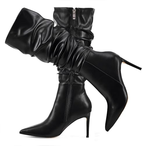 Elisabet Tang Women's Mid Calf Boots Pointed Toe Tall Boots 3 In Stiletto High Heel Sexy Long Boots Side Zipper Fashion Dress Shoes Black Size 9
