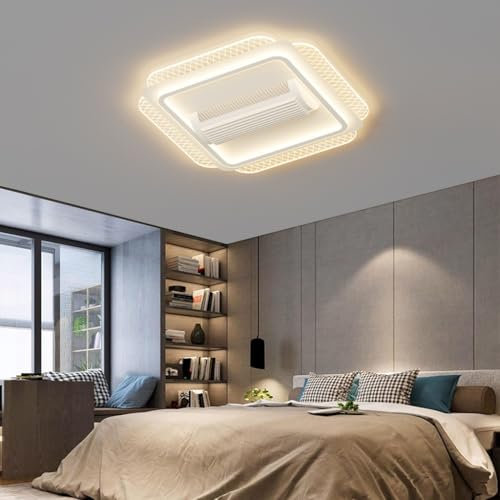 Stesulfr Bladeless Ceiling Fans with Lights Thin Ceiling Fan Dimmable LED Aluminum Square Ceiling Fan with Lighting 6 Speeds Modern Silent Ceiling Fan for Bedroom Living Room Kitchen Island Restaurant