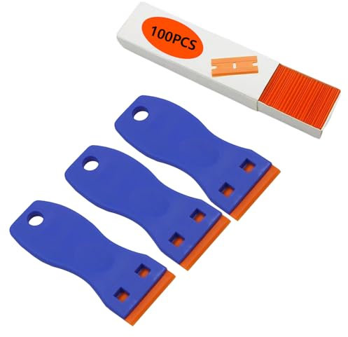 3 Pack Plastic Safety Scrapers with 100 Plastic Blades - Non-Scratch Adhesive Remover Tool Kit for Glass, Windows, Floors, Worktops & Ovens - Sticker, Paint, Label, Decal and Glue Cleaning