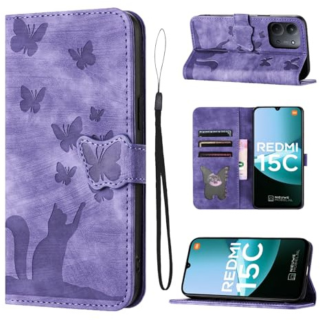 LSPCASA Coque pour Xiaomi Redmi 15C 4G 6,9 Pouces Housse de Protection Premium PU Cuir Portefeuille Protection avec Porte Carte Fonction Support Flip Cover pour Xiaomi Redmi 15C 4G Violet