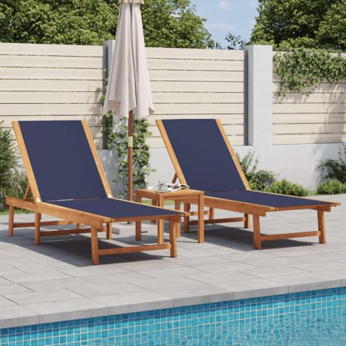Frdhee Strandkorb, Sonnenliegen 2 STK. mit Tisch Blau Massivholz Akazie Textilene Saunaliege Klappbar für Balkon, Terrasse, Camping