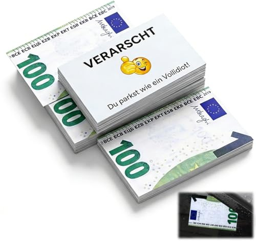 KAHZOR 50 pcs Auto Gadgets – Lustige Falschparker-Karten，85x55mm,schlecht geparkt，Falschparker Karten，100€ Geldschein-Design