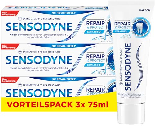 Sensodyne Repair & Protect Zahnpasta, 3x75ml, schmerzempfindliche Zähne | Lindert Schmerzempfindlichkeit klinisch bestätigt und schützt langanhaltend* davor: Mit dem Inhaltsstoff NovaMin