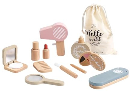 wueiooskj Schminktisch Spielset für Kinder mit 12 Holzaccessoires – fördert Kreativität und Geschicklichkeit – Spielzeug Schminkset aus Holz für Mädchen