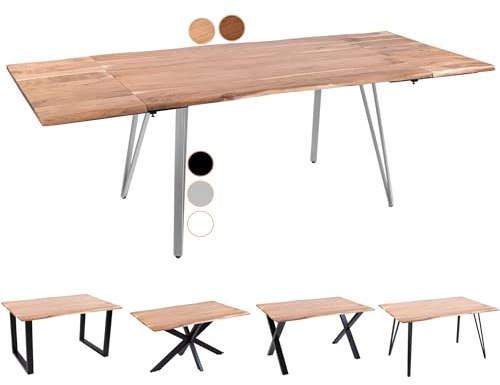 SAM Baumkantentisch 220 (320) x 100 cm Avino, Akazienholz naturfarben & massiv, Esszimmertisch mit 2 Ansteckplatten, Silbernes Vierfuß-Metallgestell, Esstisch ausziehbar 12 Personen