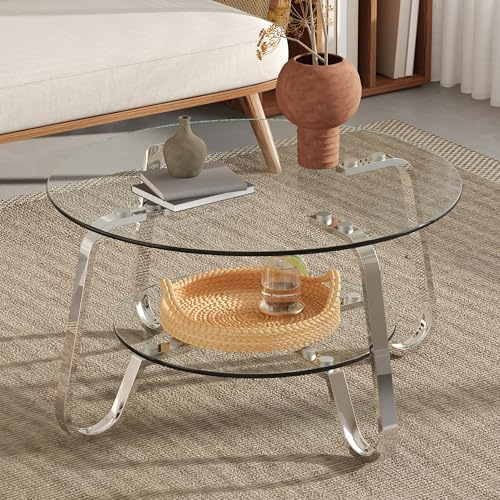 kozamas Runder Couchtisch mit 2 Ebenen aus gehärtetem Glas – Retro minimalistischer Sofatisch mit silbernem Metallrahmen, luxuriöser Wohnzimmertisch für Moderne Räume, kinderfreundlich