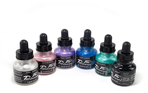 Daler Rowney FW, Tinta acrílica, Botella de cristal con pipeta, 29,5ml + 1 FW Rotulador Vacío, Caja de cartón, Set efectos nacarados, 6 colores surtidos