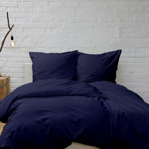 Hans-Textil-Shop Bettwäsche Uni Baumwolle - Einfarbig, Reißverschluss, Baumwollbettwäsche, Bettwäscheset, Bettbezug, Kissenbezug (Marine Blau, 140x200 + 70x90 cm)