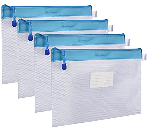 Wisdompro A4 Borse di File con Cerniera 4 pezzi, Mesh Sacchetto del Documento Impermeabile, Cartelletta Porta Documenti in Plastica per Documenti, Ricevute, Cancelleria, Cosmetici (Blu)