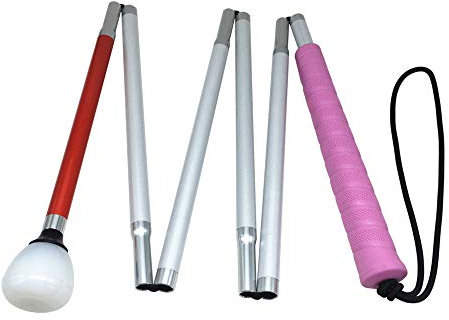 VISIONU Aluminium Faltlangstock mit 6 Stocksegmenten,Kunststoff-Rollspitze, weiße Stock für Blinde (Rosa Griff, 135 cm)