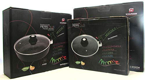 Schumann Professionnel - Lot 2 Poêles Revêtement en Pierre 24/32cm - Sauteuse 28cm - Compatibles Tous feux dont Induction - Fonte d'Aluminium Sans PFOA - Manches Amovibles Silicone - Couvercles Inclus