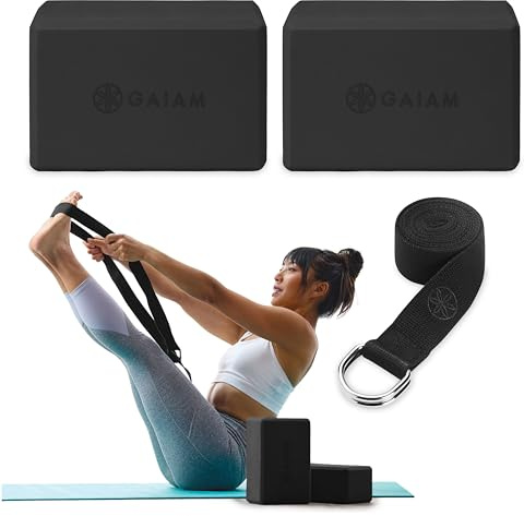 Gaiam Uni-Erwachsene 1 Essentials Block 2er-Pack + Gurt-Kombination, 2 Stück, Schwarz, 2