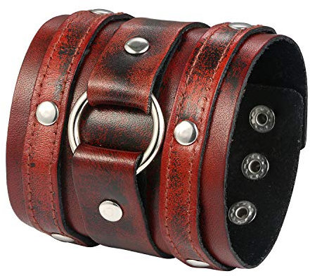 JewelryWe Schmuck Herren Breit Lederarmband Gotik Ring Kreis Nieten geflochten Leder Armreif Manschette Druckknopf Punk Rock Biker Armband verstellbar Rot