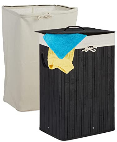 Relaxdays Panier lessive bambou, corbeille pliable et couvercle, 80 l, 2 sacs à lessive, rectangulaire, 66x44x34cm, noir