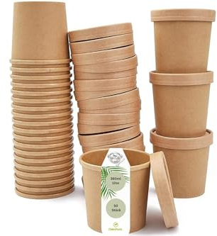 DeinPack 50 Suppenbecher to go mit Deckel braun 360ml 12oz I Becher mit PLA Innenbeschichtung Suppen-Becher to Go Pappe I 50 Bio Einweg-Becher mit Deckel | Eisbecher mit Deckel | biologisch abbaubar