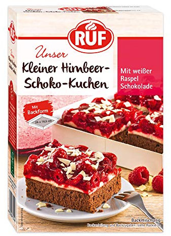 RUF Kleiner Himbeer-Schokokuchen, Mini-Kuchen mit feiner Puddingcreme, Himbeeren und weißen Schokoraspeln, inkl. Backform, 1x252g