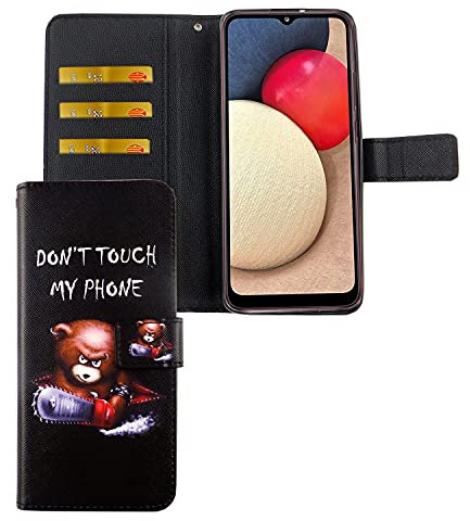 König Design Handyhülle Kompatibel mit Samsung Galaxy A02s | Don't Touch My Phone | Schutz-Hülle | Klapphülle | mit Kartenfach