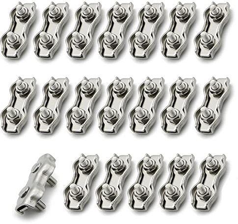 20PCS M2 Duplex Klemme Set Edelstahl Drahtseile Clip Verzinkt Drahtseilklemme Rutschfest korrosionsbeständig zum Sichern von Seilen Stahldraht Wäscheleine für Drahtseile von 1mm bis 1.6mm(Silber)