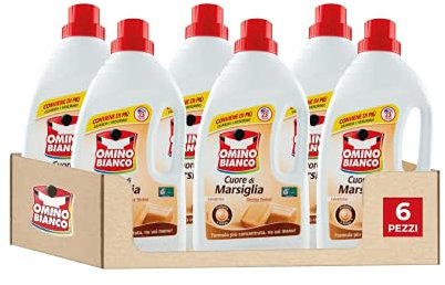 Omino Bianco - Detergente para lavadora líquido, 138 lavados, respeta los colores y los tejidos, fresco perfume con esencia corazón de Marsella, 1150 ml x 6 paquetes