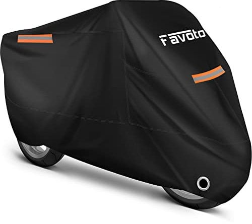 Favoto Funda para motocicleta, impermeable, 210T, 295 cm de largo, resistente a los rayos UV, calor, protección al aire libre con reflector nocturno, bolsa para motores de hasta 116 pulgadas, Negro