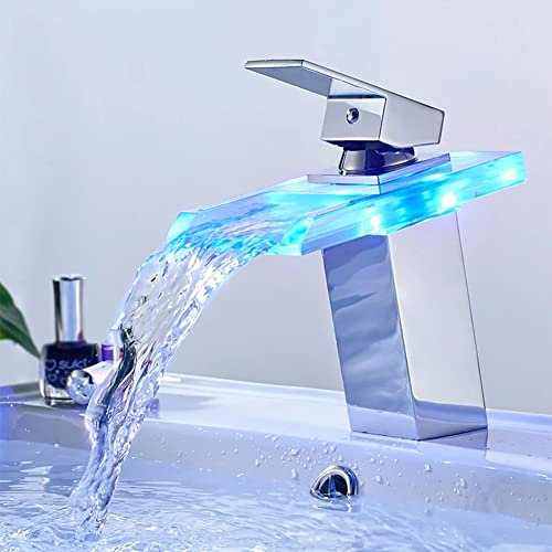 Fw Rubinetto Bagno Cascata LED, Elegant Miscelatore Monocomando Lavabo Bagno Moderno Ottone Rubinetto Bagno Lavabo, Regolazione A Caldo E Freddo Rubinetto Bidet, Valvola in Ceramica, Cromato