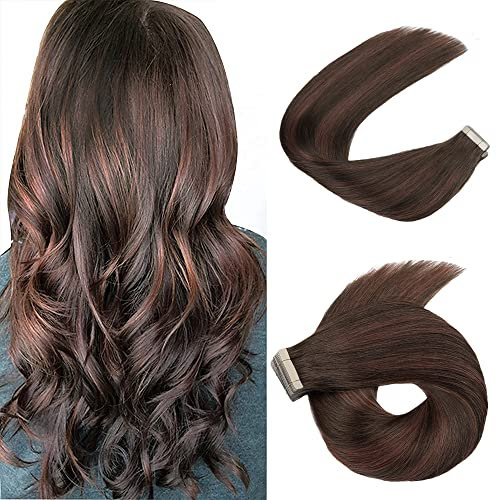 HotLulana Tape Extensions Echthaar Balayage Schokoladenbraun mit Dunkelrotbraun(#4/4/33) Tape in Extensions Echthaar 14zoll/35cm 40g Skin Weft 100% Natürliche Invisible Extensions Echthaar 20pcs.