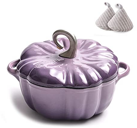 YLWX Cast Iron Dutch Oven, 3.7L Pumpkin Shape Cooking Dutch Pot, Enameled Induction Casserole, Cocotte Crock Pot (Color : Purple)