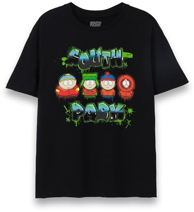 South Park Mens T-Shirt | Adults Black Short Sleeve Graphic Tee | Green Graffiti Eric Cartman, Kenny, Stan & Kyle | Animated Comedy Series Apparel Top | TV Series Merchandise Gift for Him