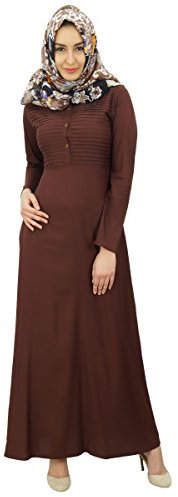 Bimba Damen Muslimisches Abaya Plissee Jilbab islamisches langes Kleid mit bedrucktem Hijab, Braun, 10