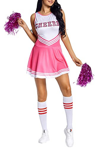 Yihuimin Damen Tanzkleid Cheer Leader Uniform Cheerleading Kostüm Set Minikleid mit Strumpf und Pompons Faltenrock Karneval Fasching Tanzkostüm Rosa S