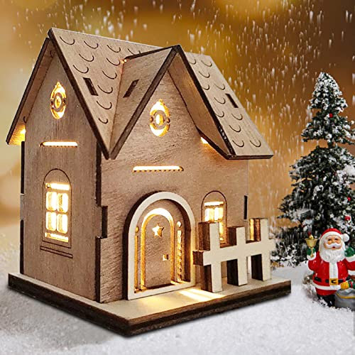 Weihnachtsdeko Holz Haus mit LED Leucht Beleuchtet,DIY Weihnachtsdorf Häuser Winterdorf Weihnachtlicher Zierschmuck Tischdeko Miniatur Haus Deko Weihnachtsartikel Weihnachtsschmuck (02)