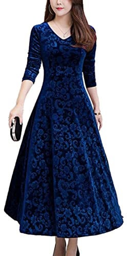 CHICTRY Women's Elegant Velvet Long Sleeve Jacquard Maxi Swing Dress Winter Party Long Dresses Blue 4XL